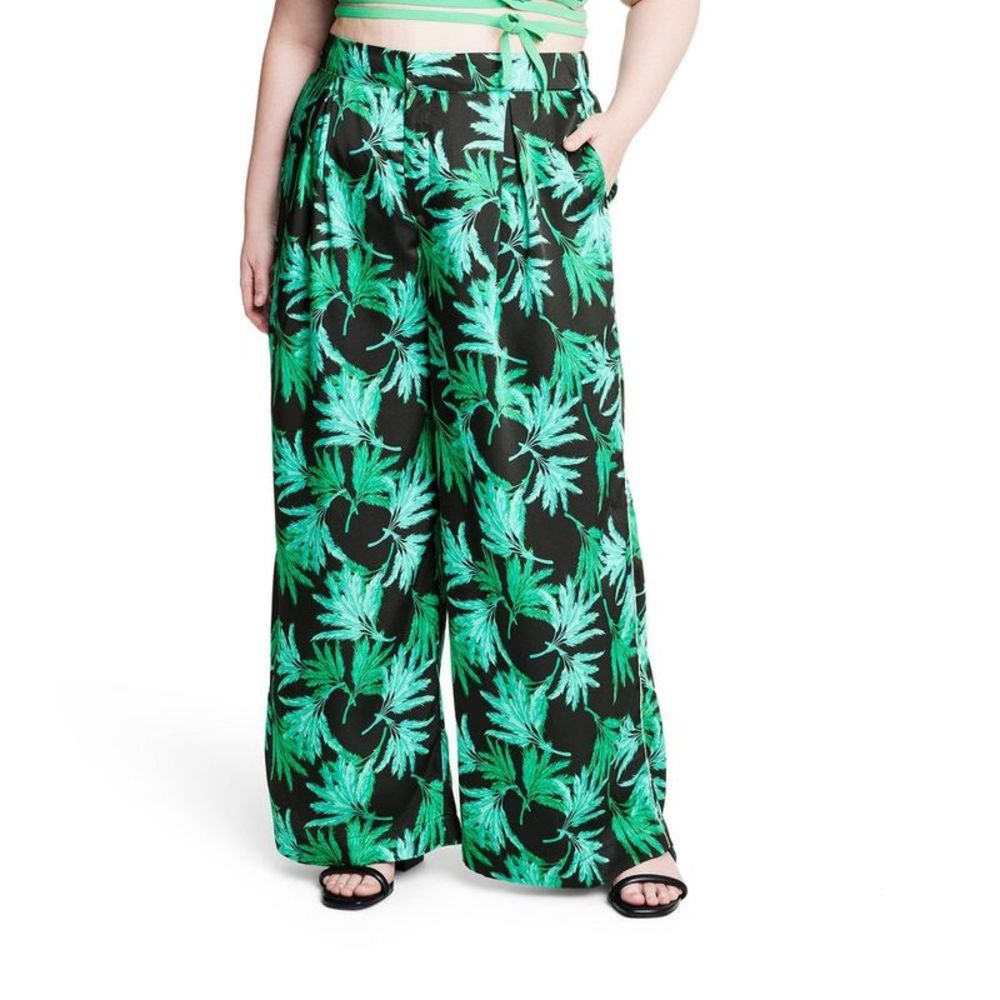 Women's Feathered Palm Print Wide Leg Pants - Fe Noel Green/Black 2X